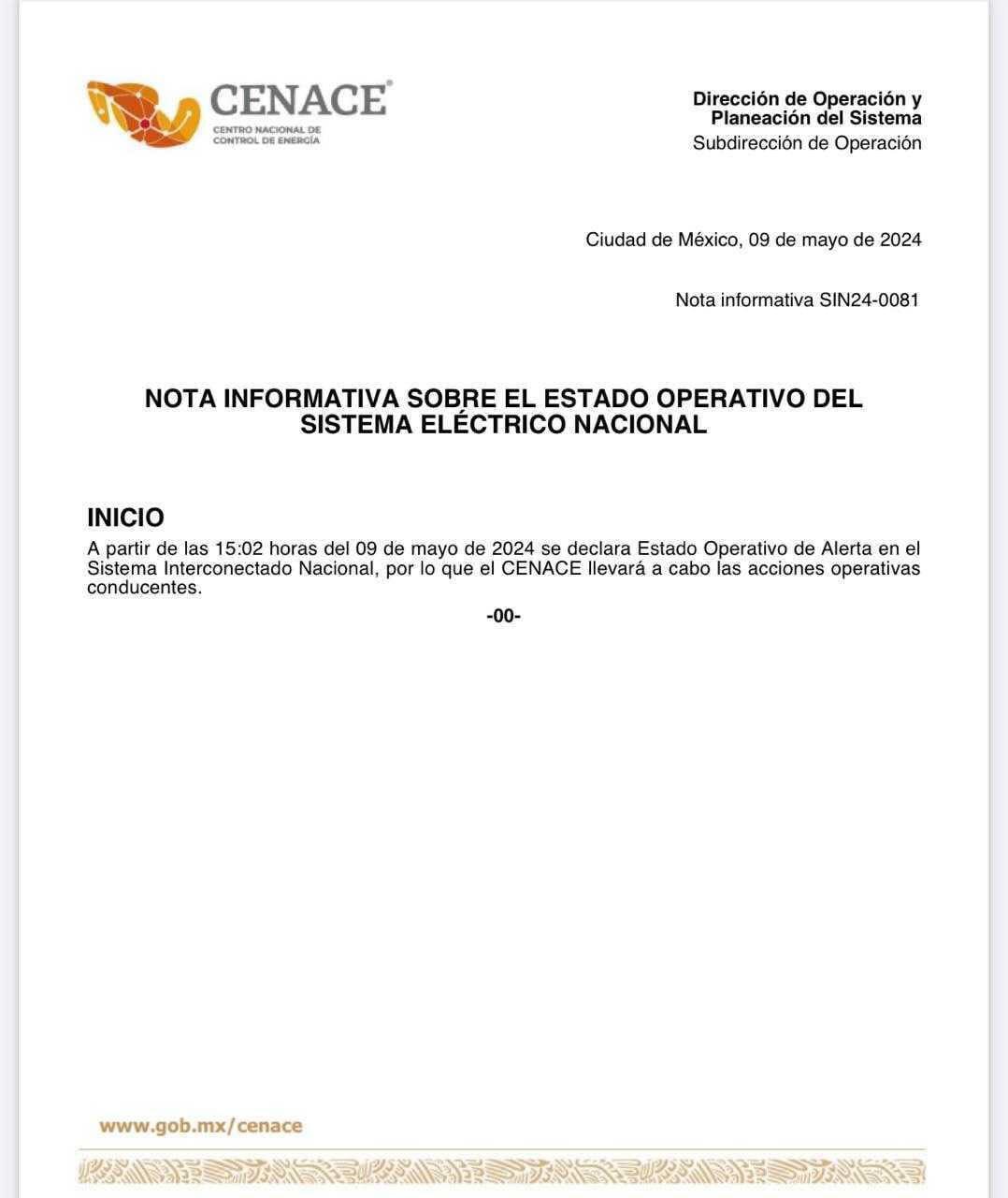 $!Por tercer día consecutivo, Sistema Eléctrico Nacional entra en ‘estado de alerta’