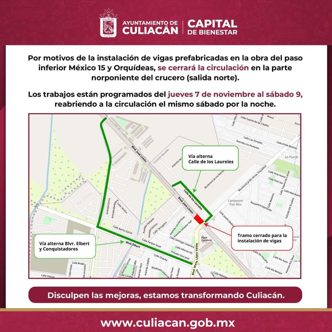 $!Desde hoy, el cruce de Orquídeas y José Limón estará cerrado a la circulación al norte de Culiacán