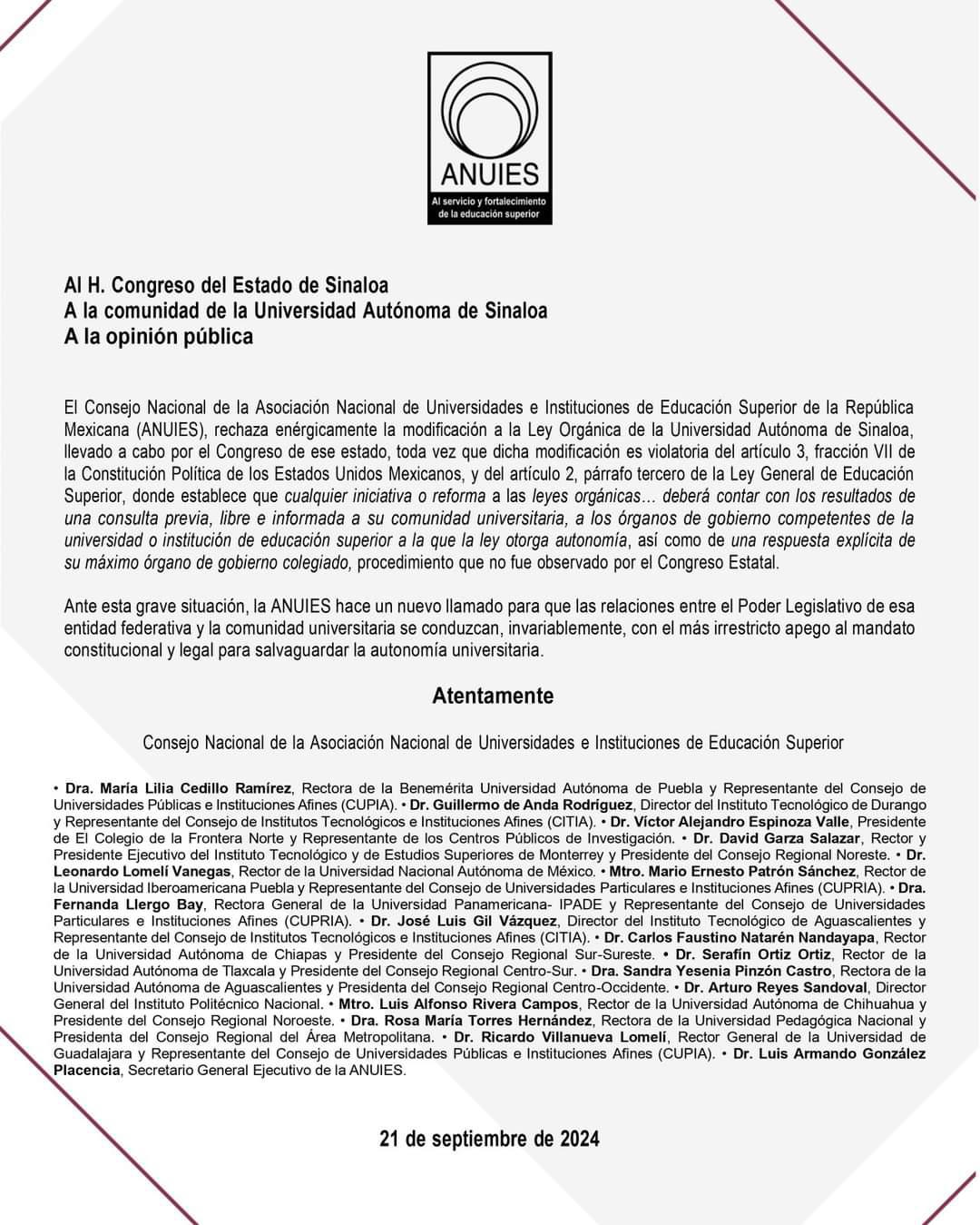 $!Asociación Nacional de Universidades rechaza reforma a la Ley Orgánica de la UAS