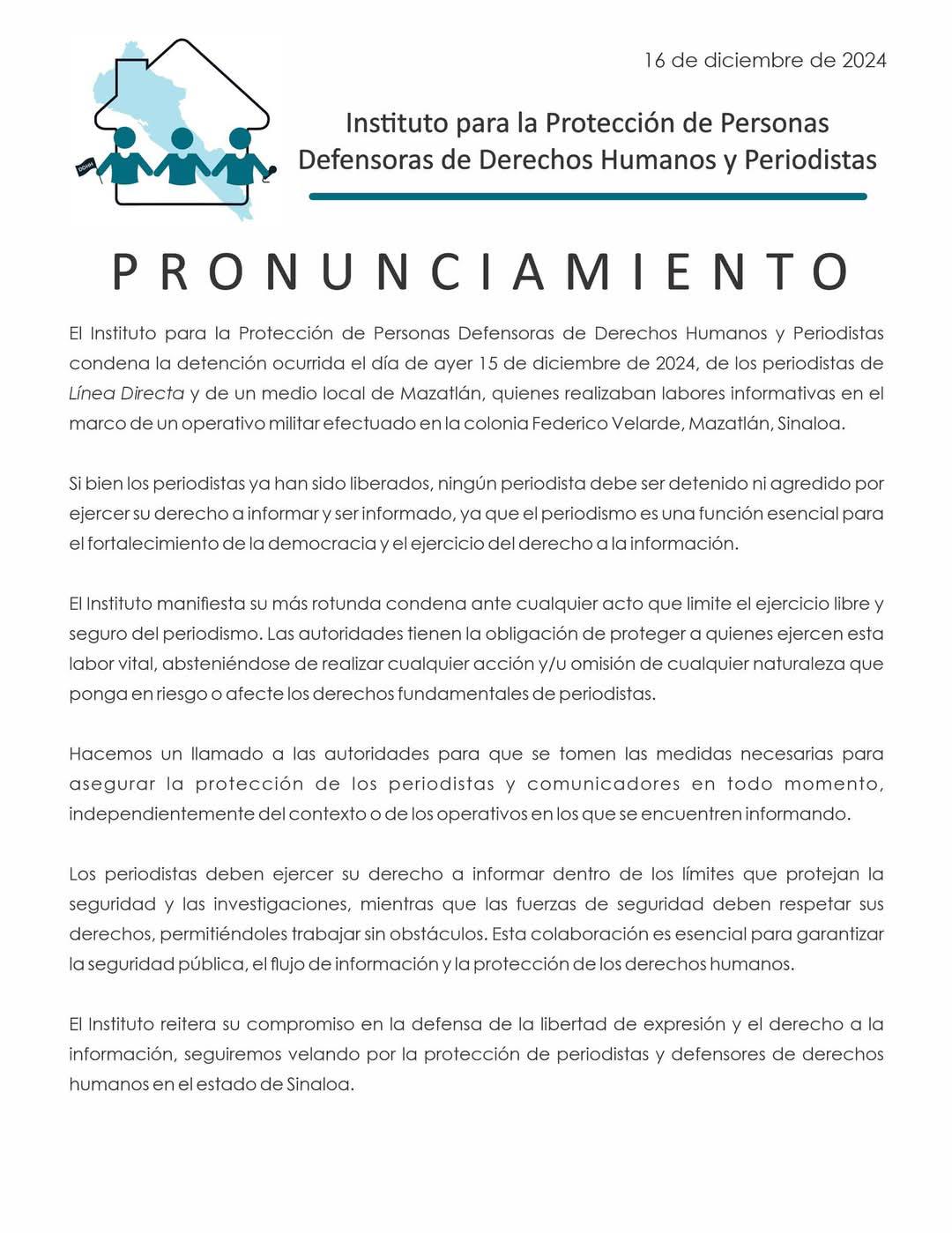 $!Instituto de Protección a Periodistas condena detención de periodistas en Mazatlán