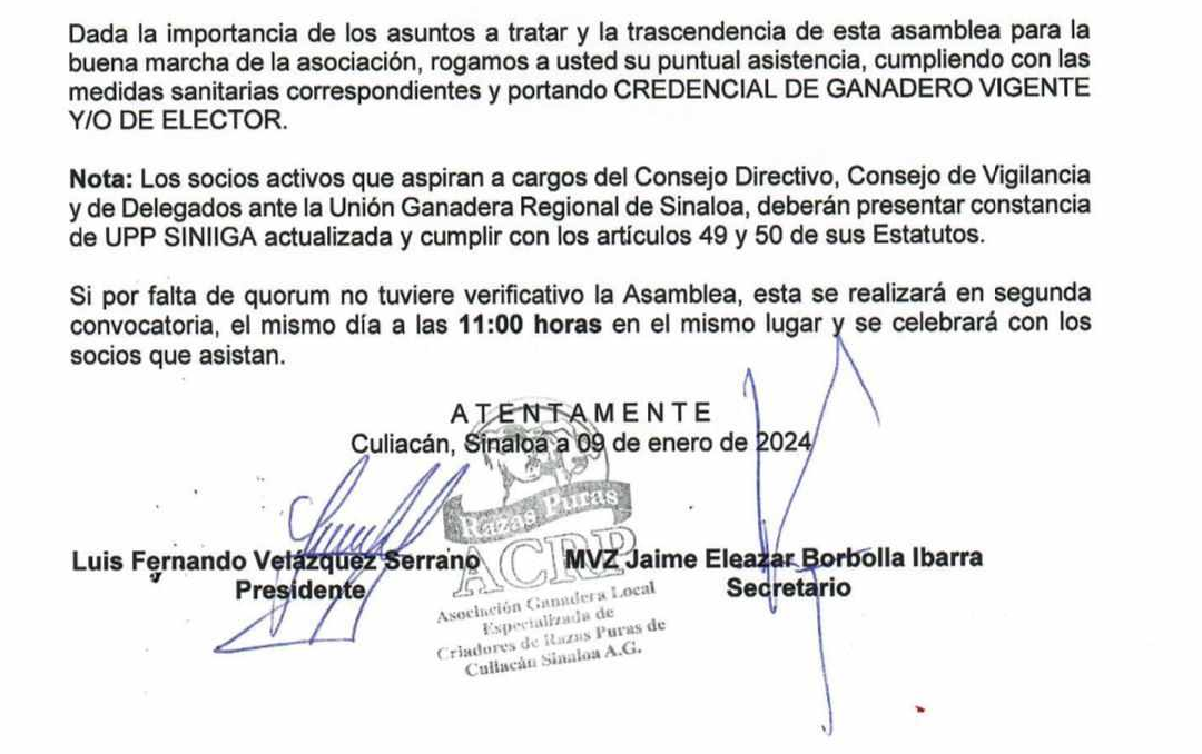 $!Convocatoria: Consejo Directivo de la Asociación Ganadera Local Especializada de Criadores de Razas Puras de Culiacán, Sinaloa, A.G.