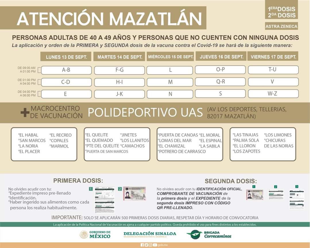 $!Del 13 al 17 de septiembre aplicarán segunda dosis contra el Covid a los de 40 a 49 años en Mazatlán