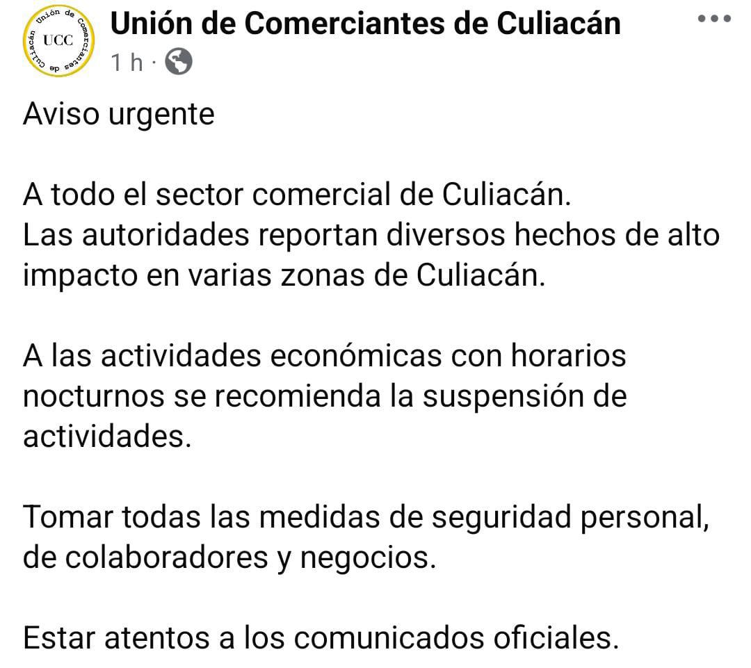 $!Recomienda Unión de Locatarios Culiacán suspender actividades en comercios nocturnos por violencia desatada