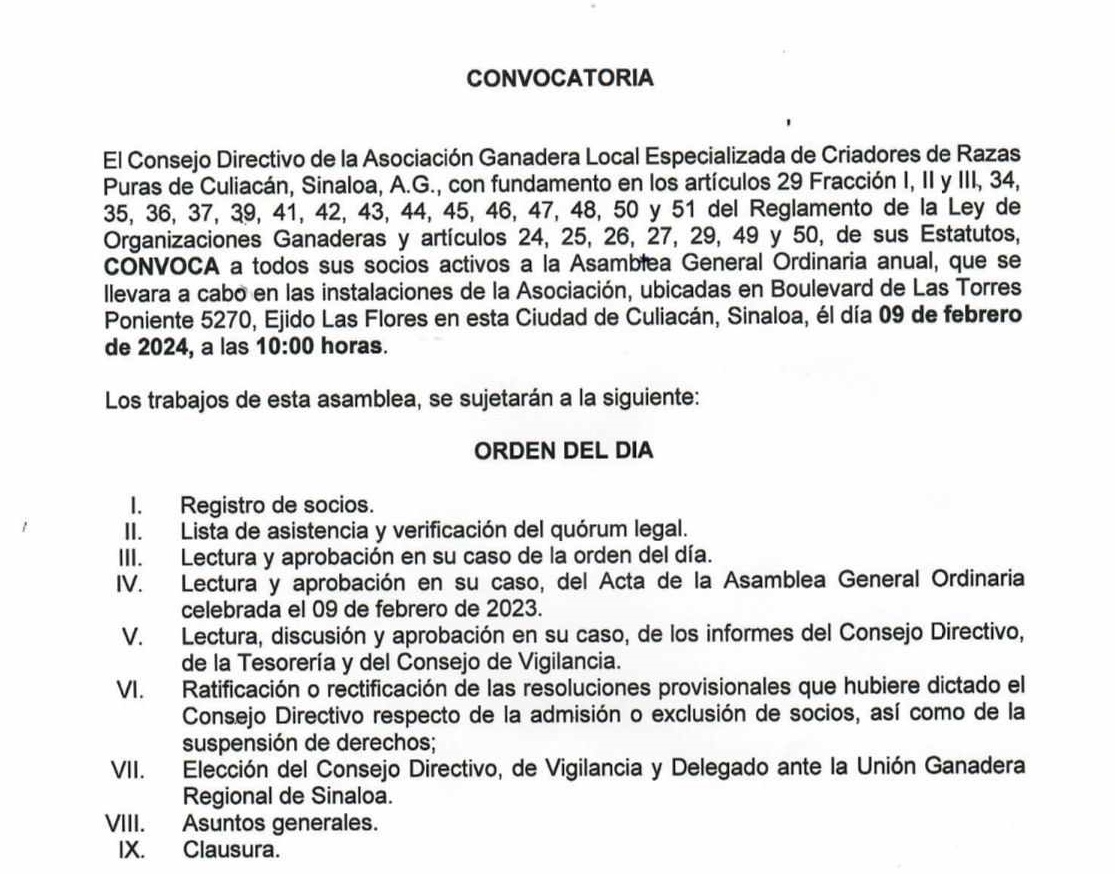 $!Convocatoria: Consejo Directivo de la Asociación Ganadera Local Especializada de Criadores de Razas Puras de Culiacán, Sinaloa, A.G.