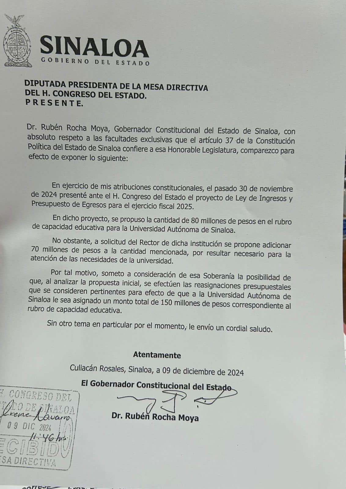 $!Pide Rocha Moya aumentar de $80 millones a $150 millones recursos a la UAS para capacidad educativa