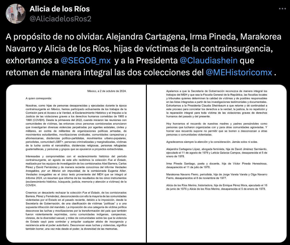 $!A través de una carta un grupo de hijas de personas víctimas de desaparición forzada mostró su apoyo a los comisionados e instó a la Segob a reconocer el informe “Fue el Estado 1965-1990”.