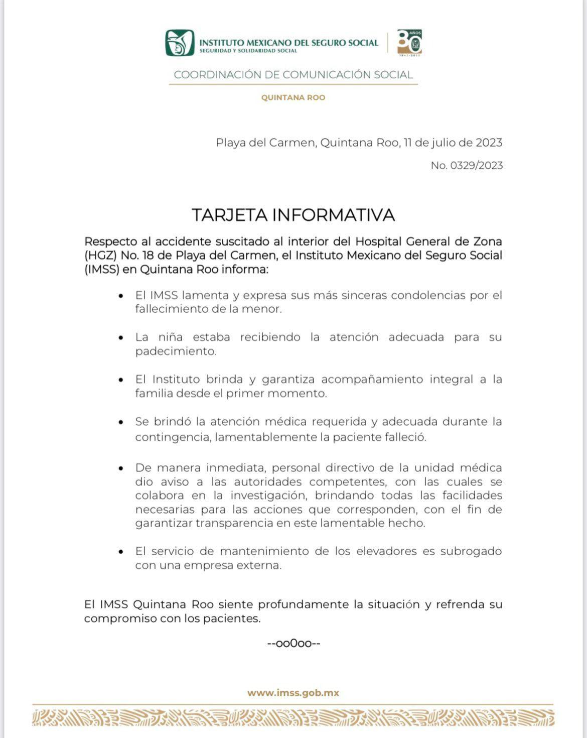 $!Niña de 6 años muere prensada en elevador de un hospital del IMSS en Playa del Carmen, Quintana Roo