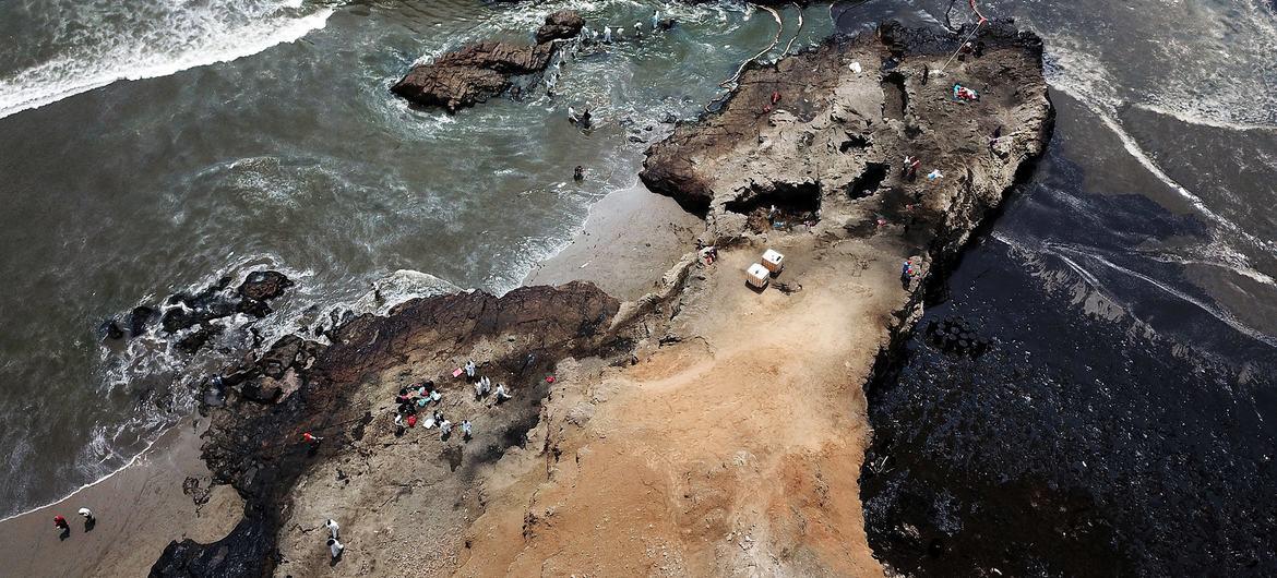 $!Derrame de petróleo en la costa del distrito de Ventanilla en la provincia constitucional del Callao, Perú, a raíz de la marea anormal provocada por la erupción volcánica en Tonga.