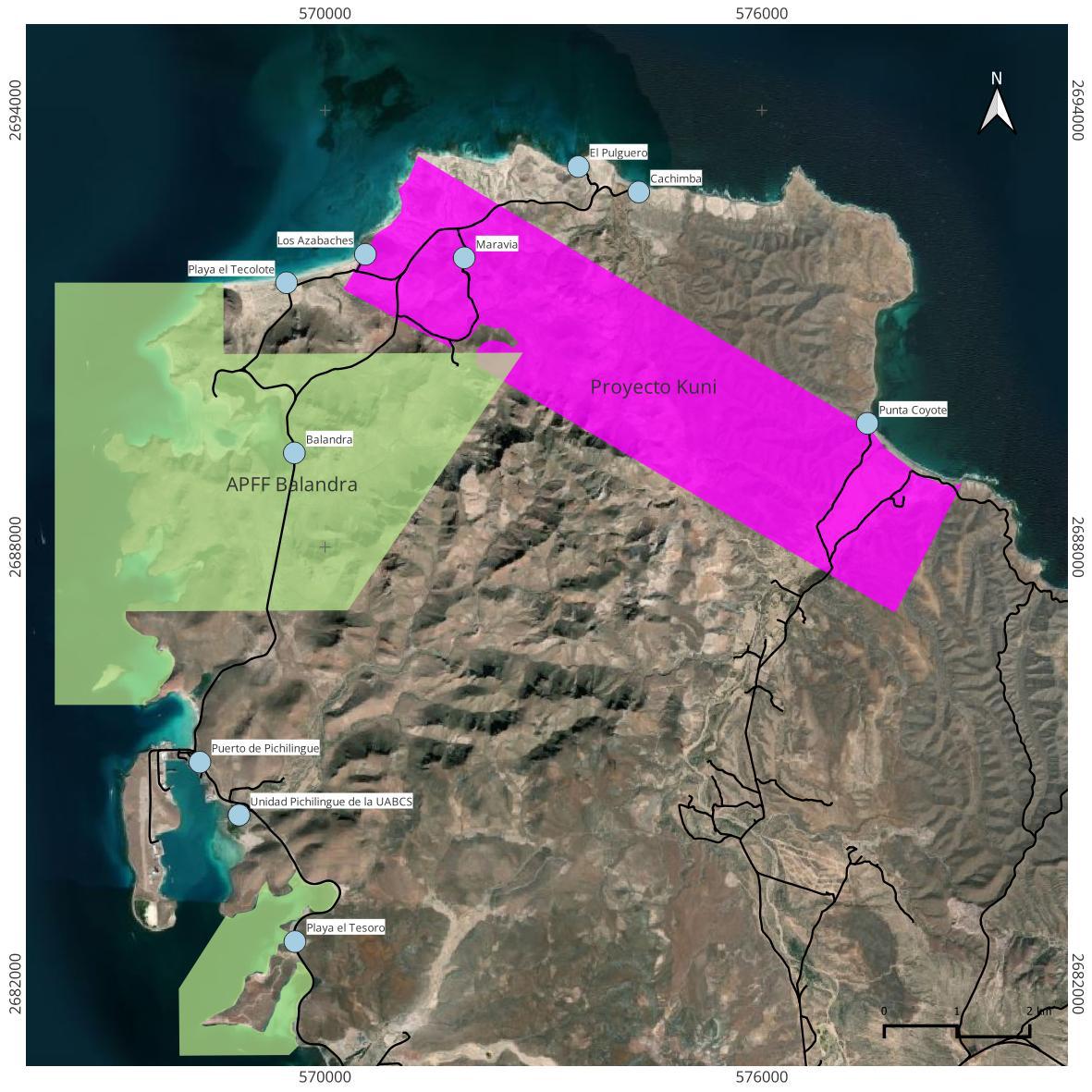 $!Mapa del megaproyecto Kuni en contraposición con los accesos a las playas y con la ANP Balandra.