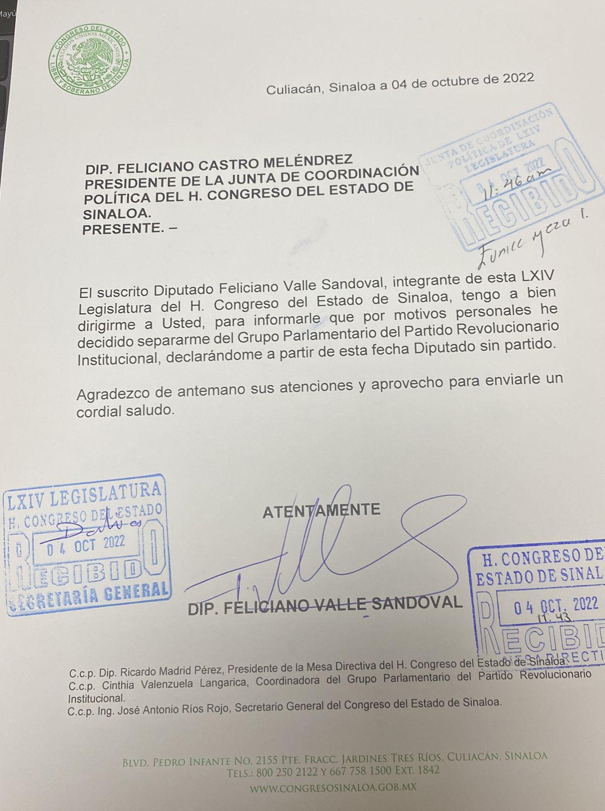 $!Feliciano Valle deja la bancada del PRI en el Congreso del Estado; será Diputado sin partido