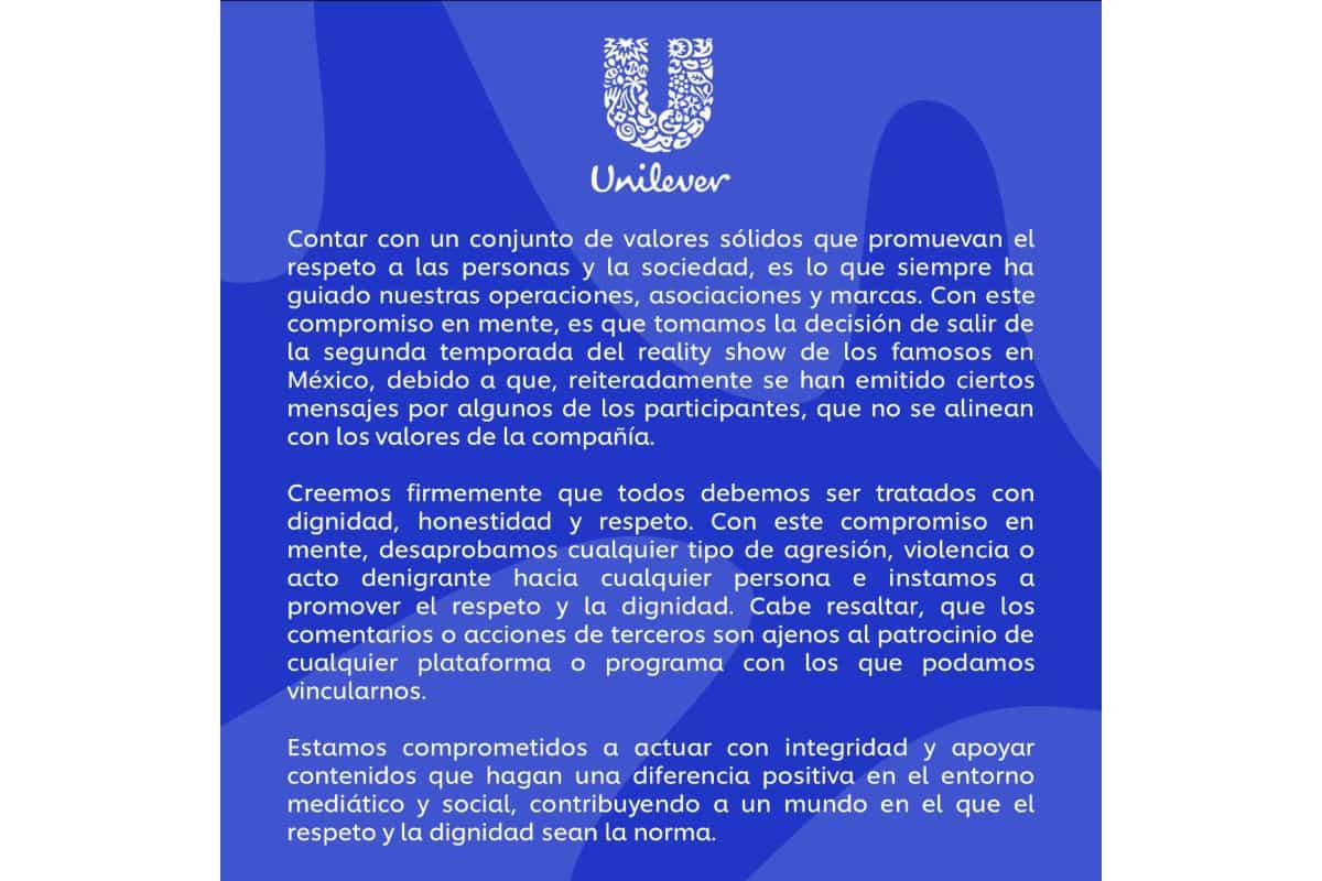 $!Unilever anunció su salida del reality debido a que reiteraron que algunos de los participantes no se alinean con los valores de la compañía.