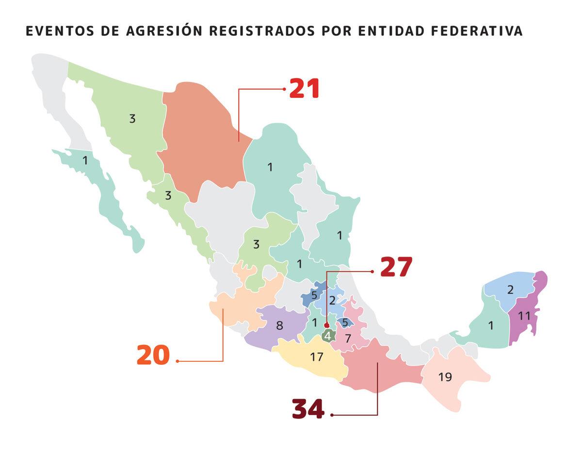 $!Estados del país en donde se registraron eventos de agresión en contra de defensores. Fuente: Cemda