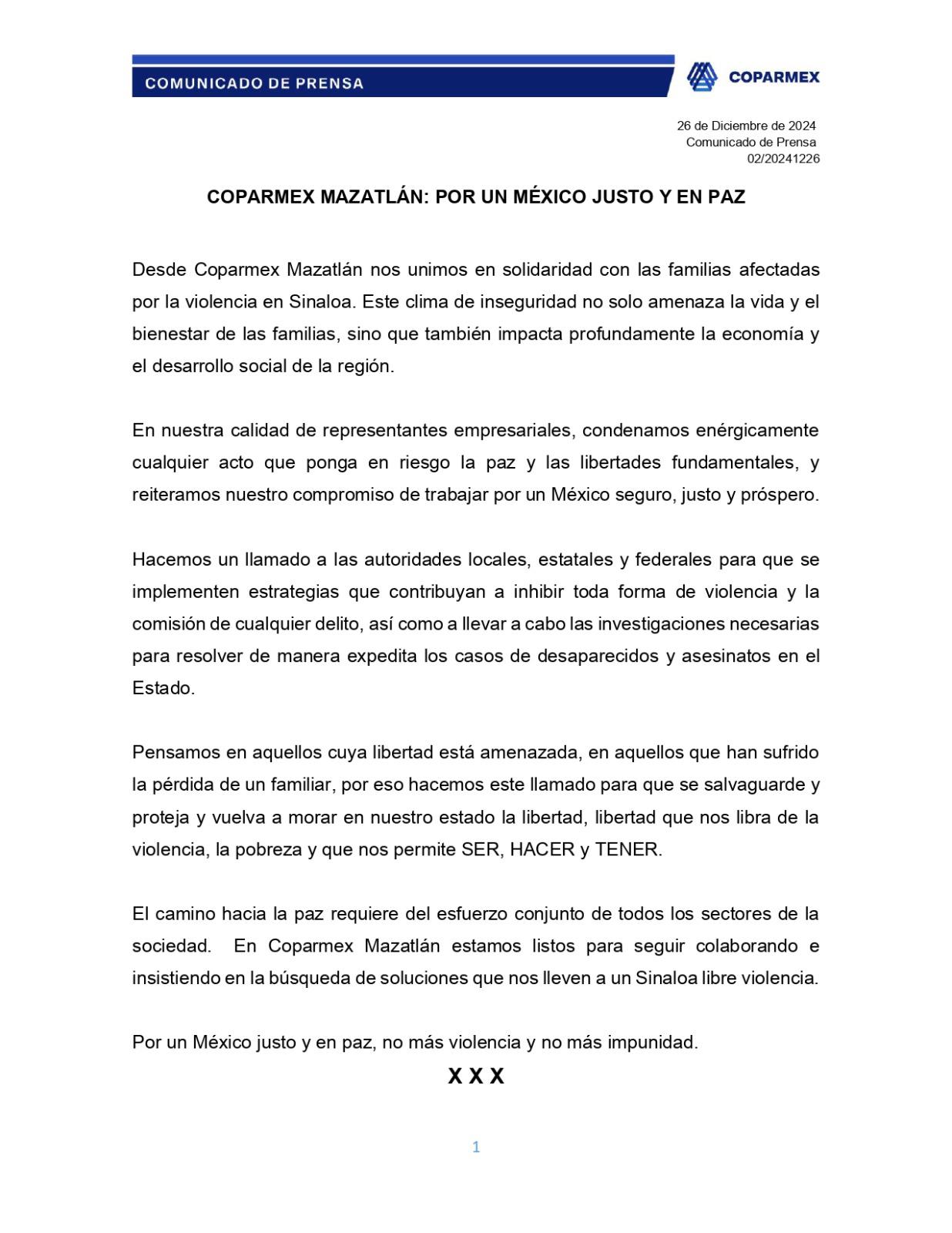 $!Se solidariza Coparmex Mazatlán con familias víctimas de la violencia en Sinaloa