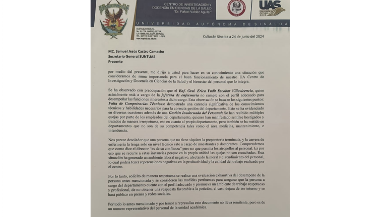 En este documento presentado al SUNTUAS los empleados solicitaron que se realizara una evaluación exhaustiva al desempeño de Escobar Villavicencio.