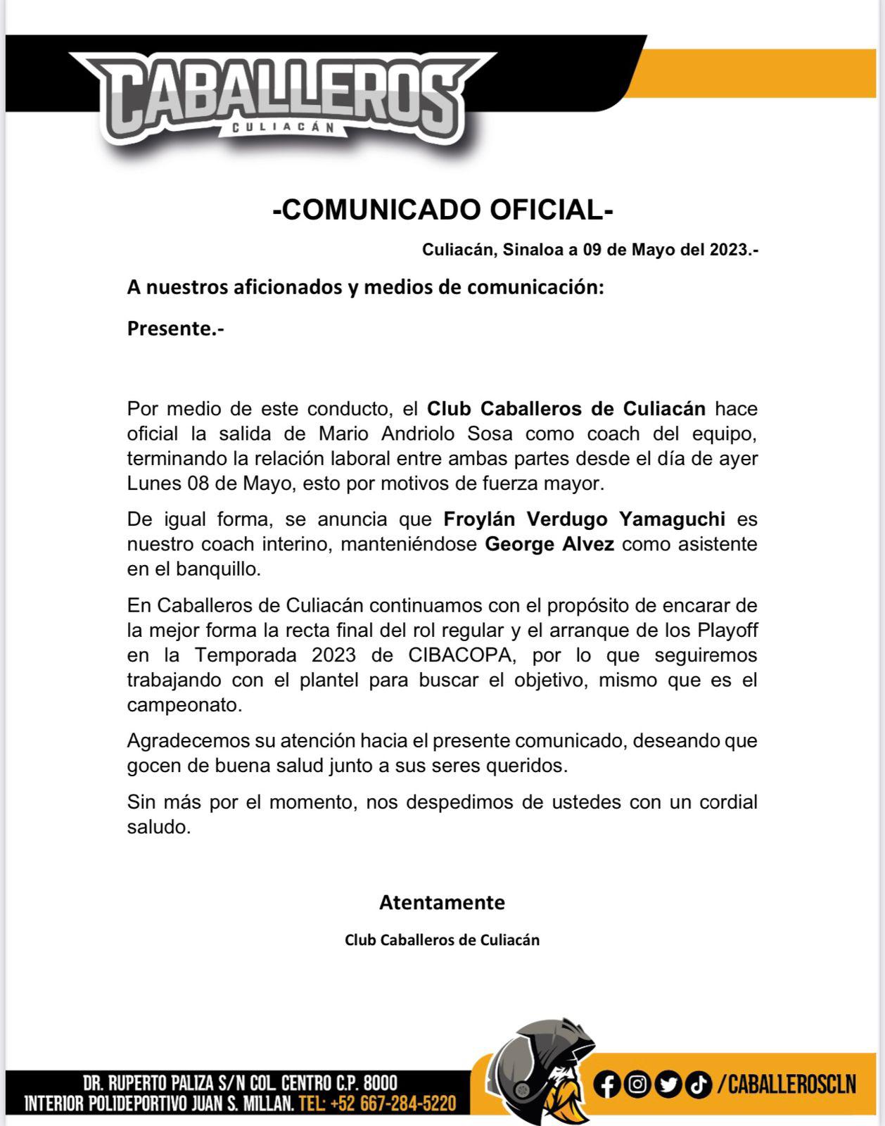 $!Caballeros de Culiacán anuncia el cese del coach Mario Andriolo