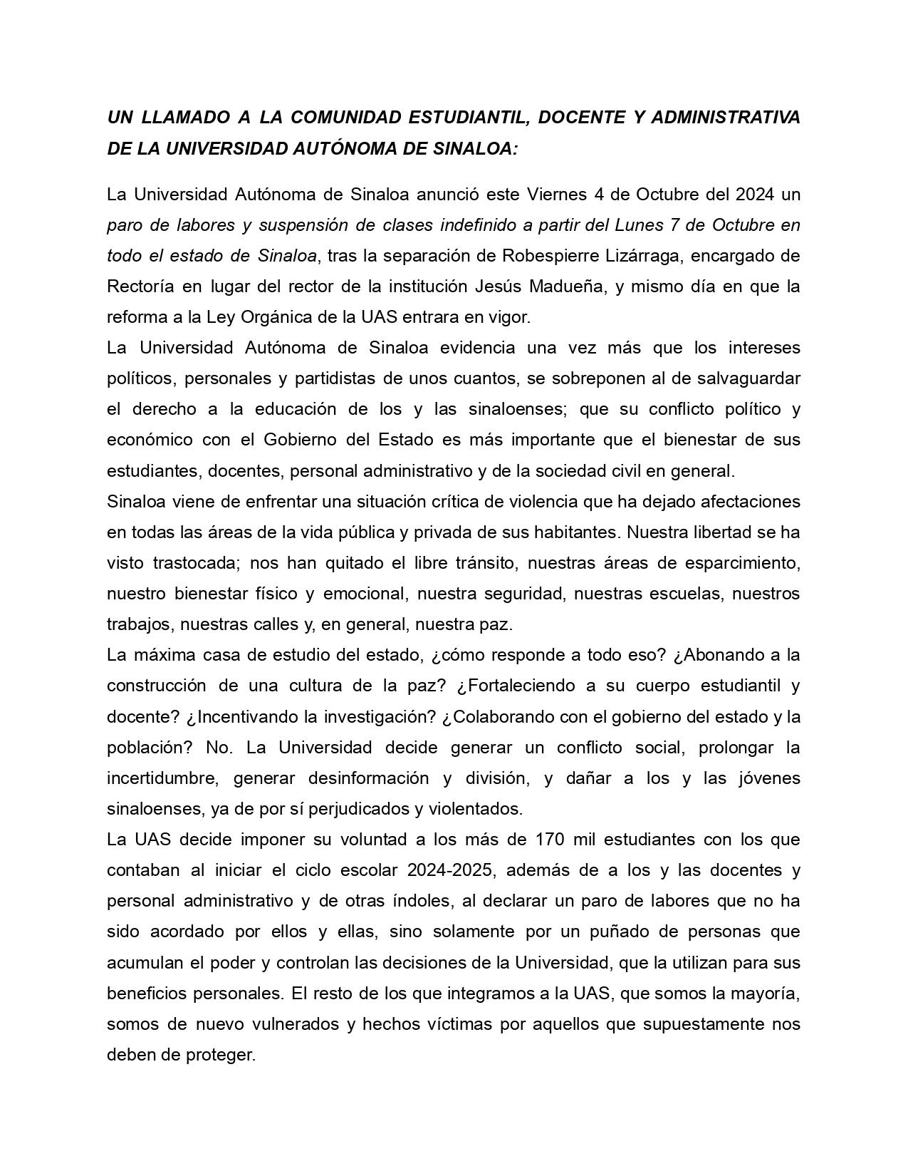 $!Llaman estudiantes de la UAS a acudir a clases el lunes; rechazan el paro de labores