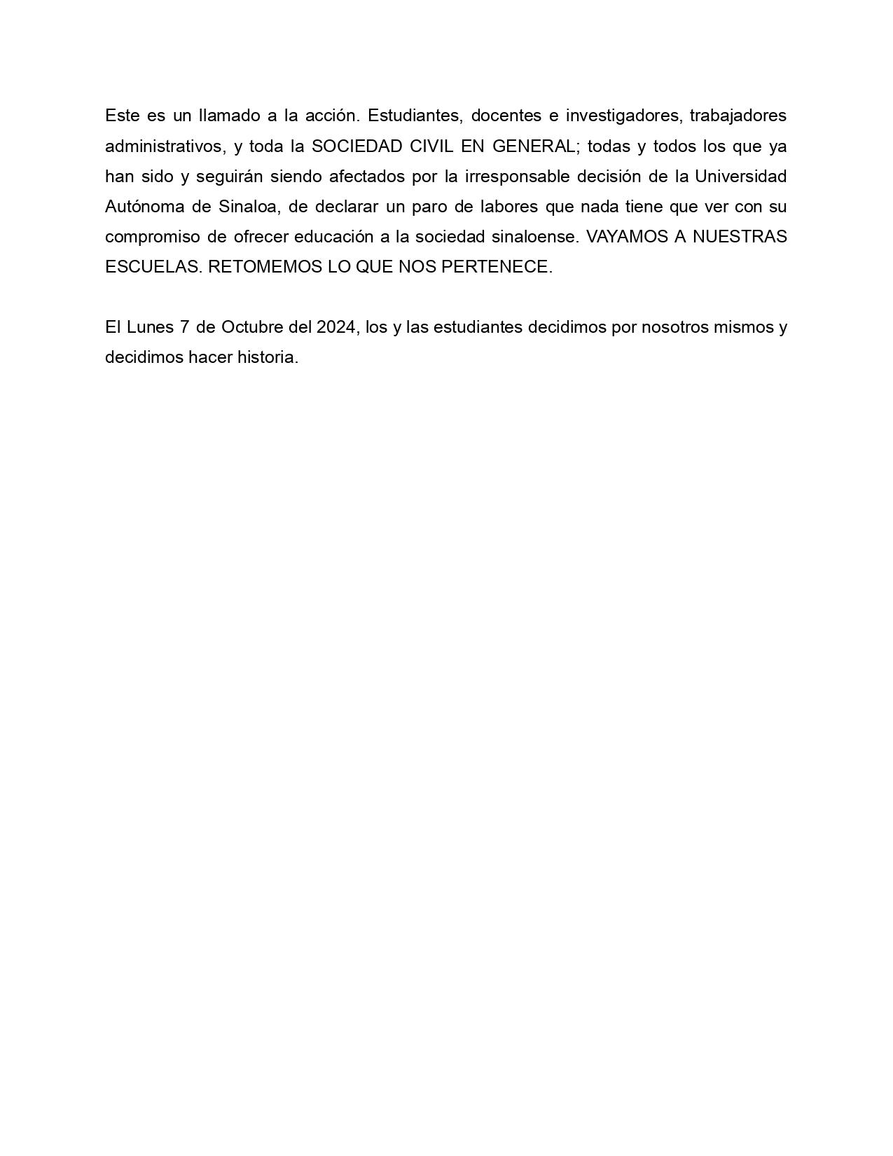 $!Llaman estudiantes de la UAS a acudir a clases el lunes; rechazan el paro de labores