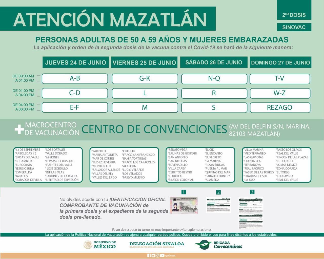 Aplicarán la segunda dosis de Sinovac en Mazatlán del 24 al 27 de junio