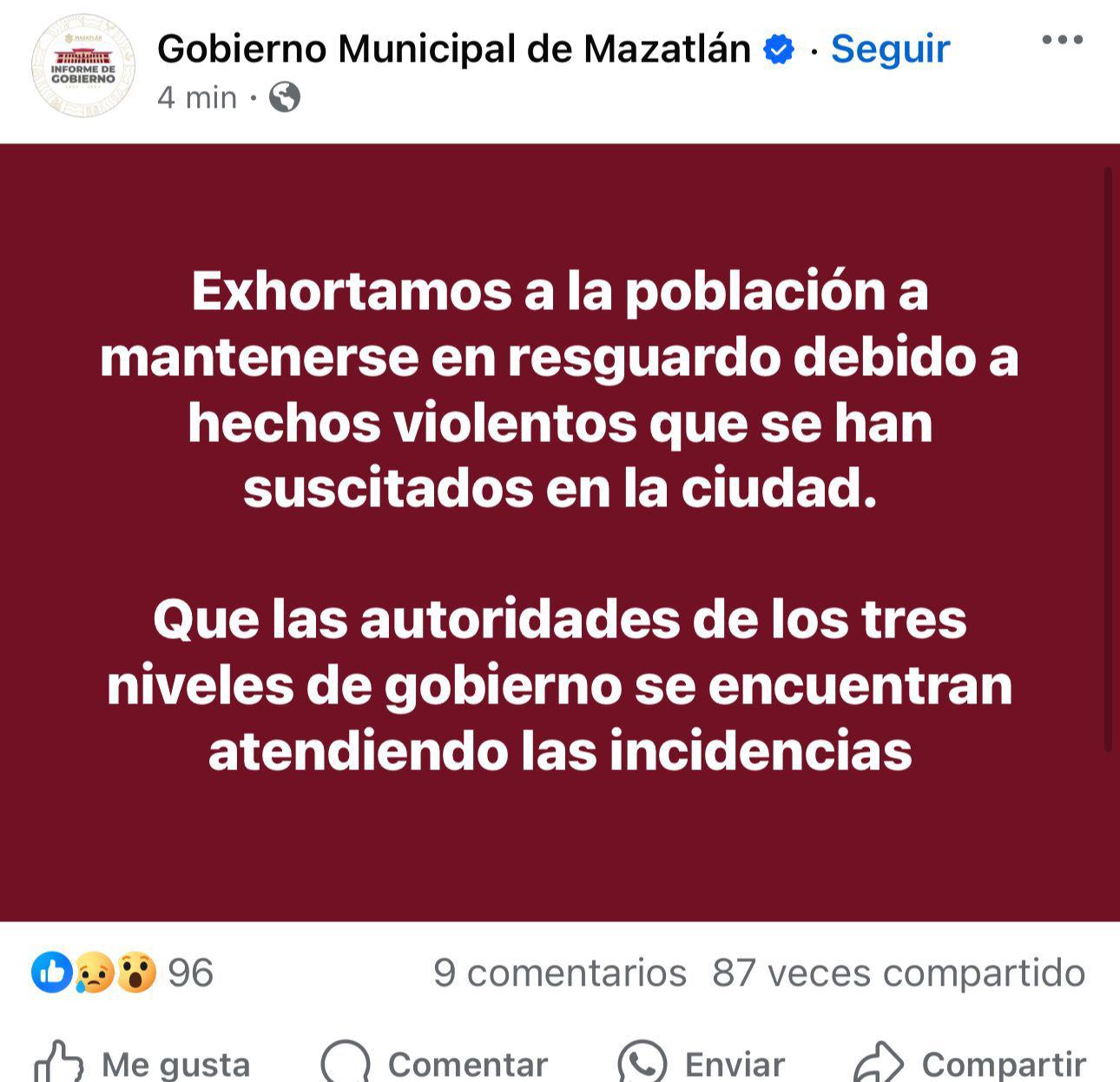 $!Llama Gobierno de Mazatlán a la población a resguardarse tras balacera