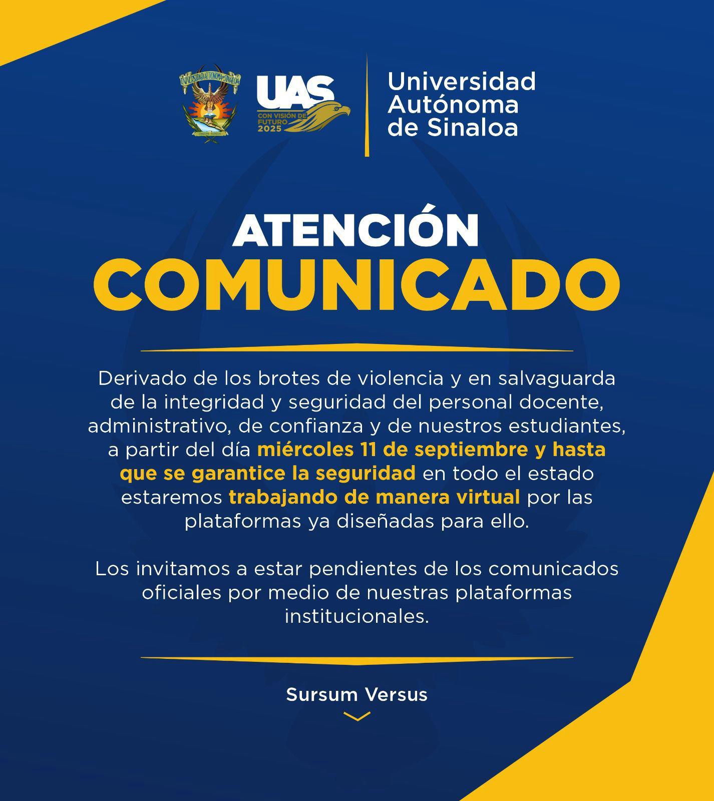 $!Decreta UAS clases virtuales en todo Sinaloa a partir de este miércoles ante brotes de violencia