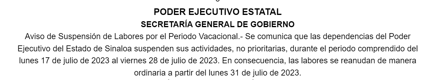 $!Anuncia Gobierno del Estado suspensión de actividades por vacaciones