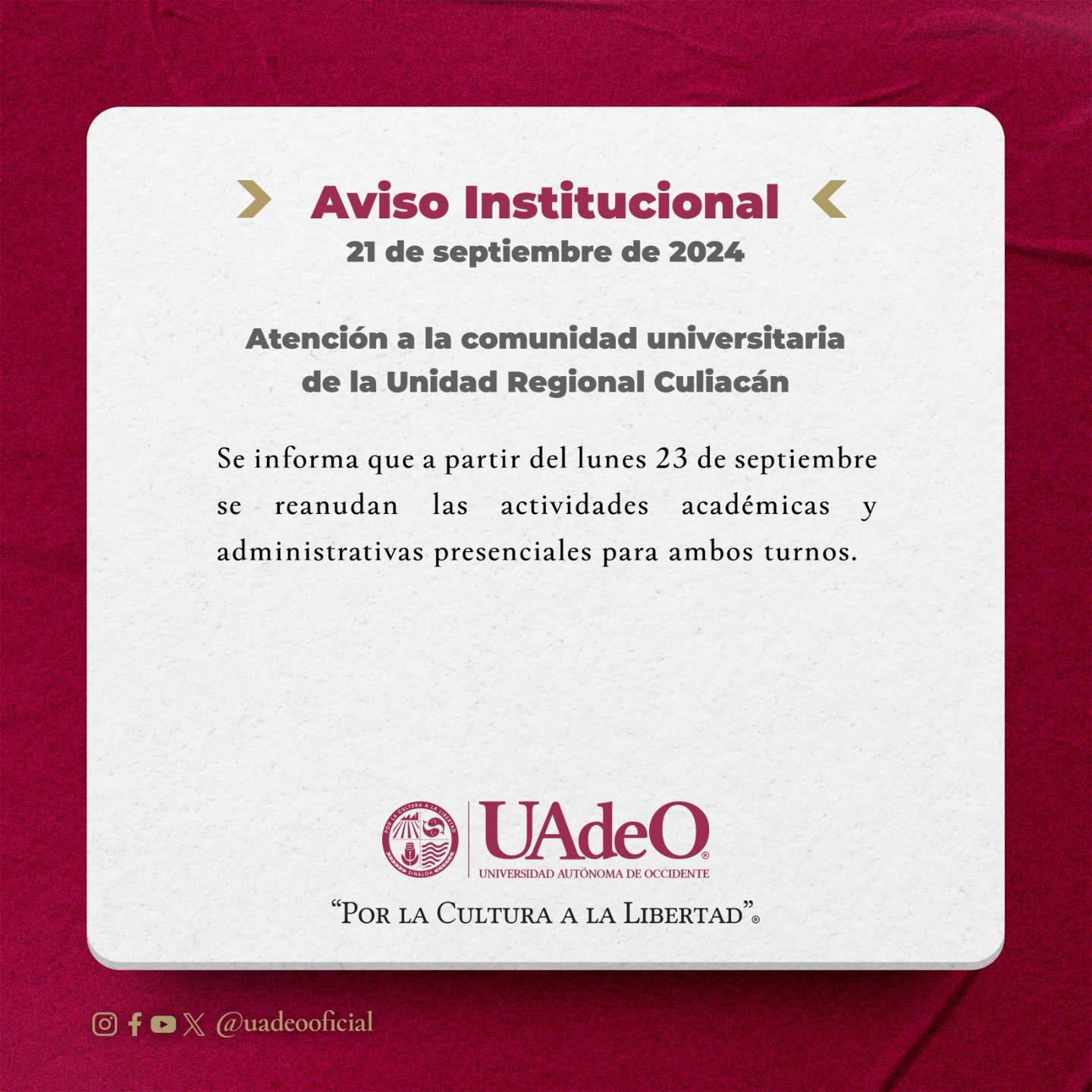 $!Anuncia UAdeO regreso a clases presenciales este lunes