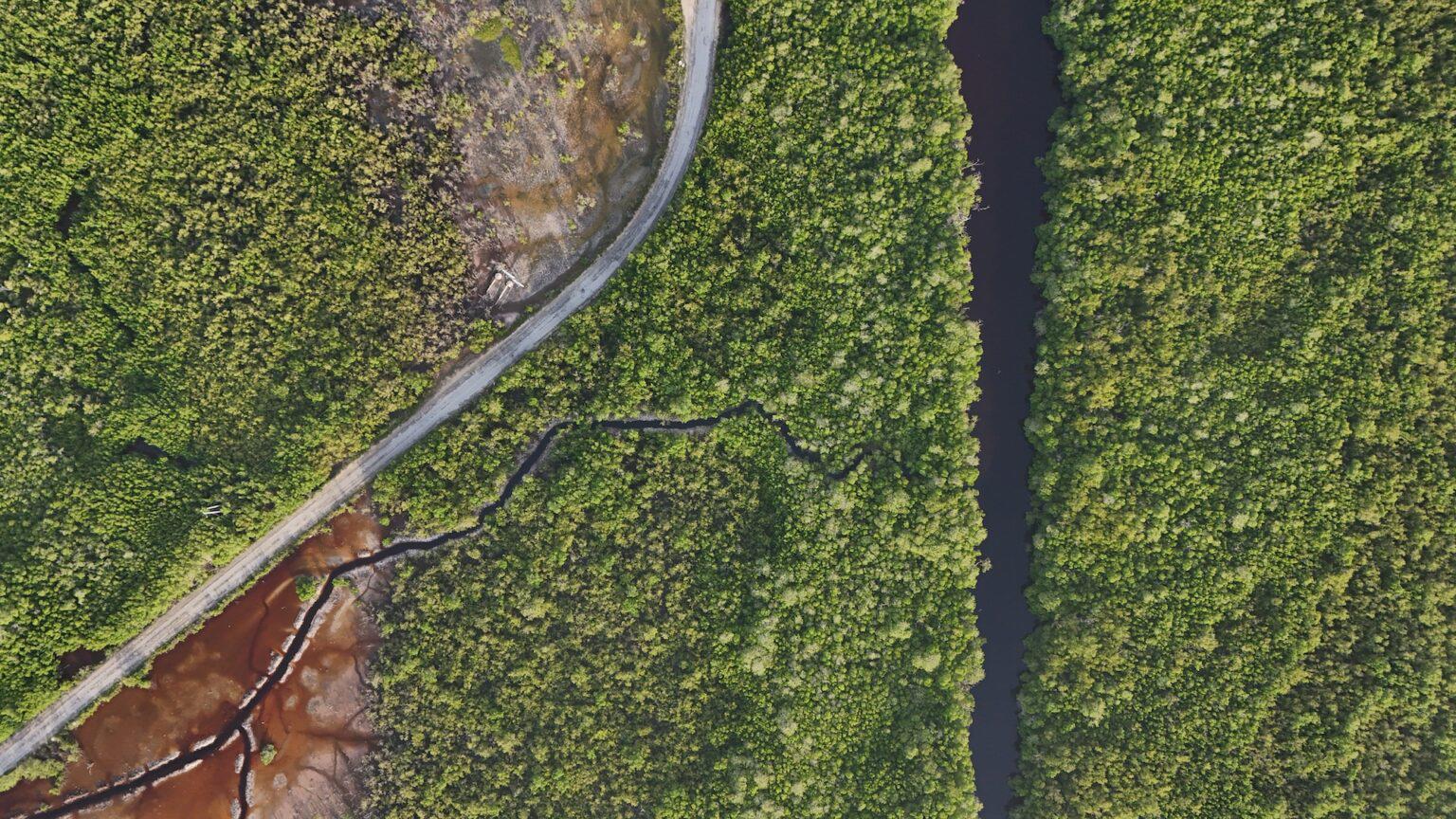 $!Vista área de la carretera, el canal primario de restauración y el canal de marea conocido como La Zanja. Se puede apreciar la conectividad entre el canal natural y los canales de restauración.