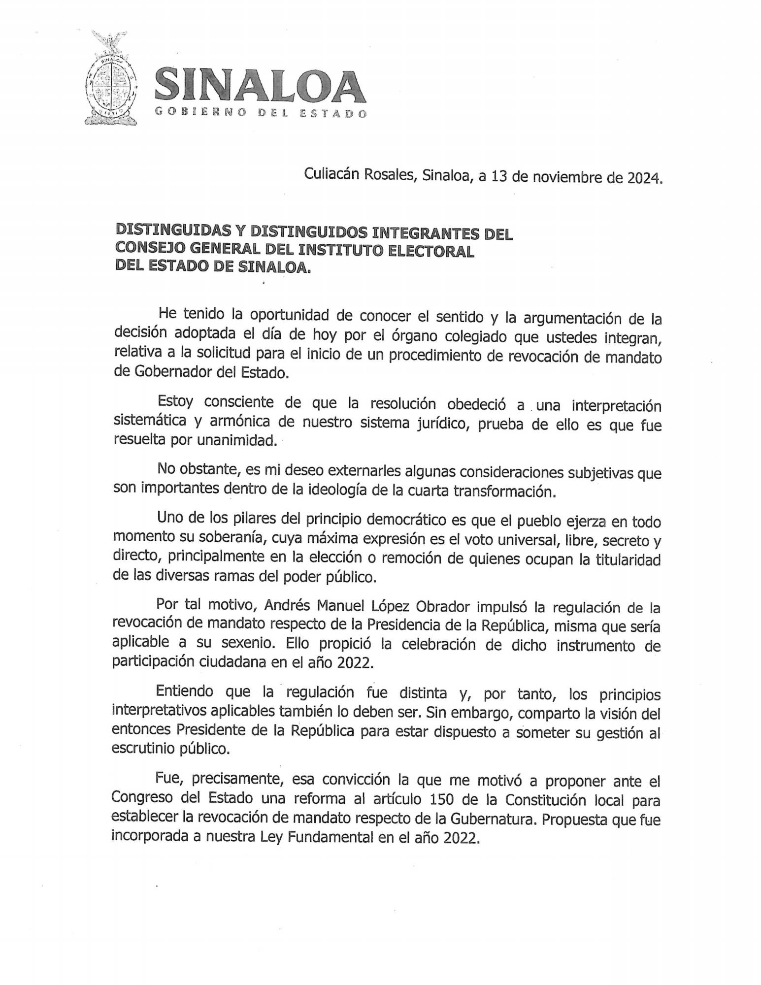 $!Pide Rocha Moya formalmente ser sometido a proceso de Revocación de Mandato