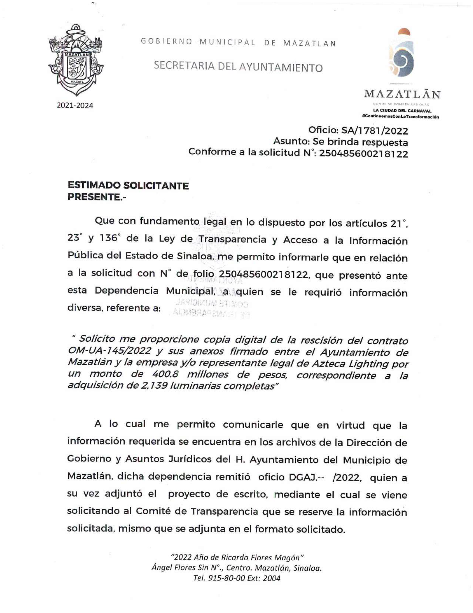 $!Reserva Gobierno de Mazatlán por dos años rescisión de contrato de luminarias con Azteca Lighting