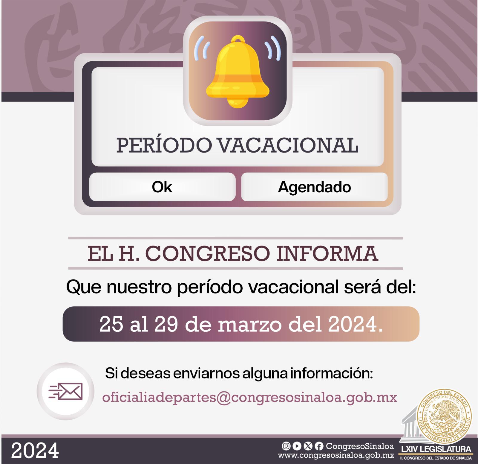 $!Tiene Congreso de Sinaloa periodo vacacional del 25 al 29 de marzo