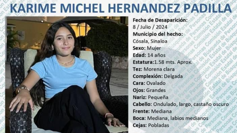 Karime Michel Hernández Padilla fue reportada desaparecida en la localidad de El Ranchito, del municipio de Cosalá.