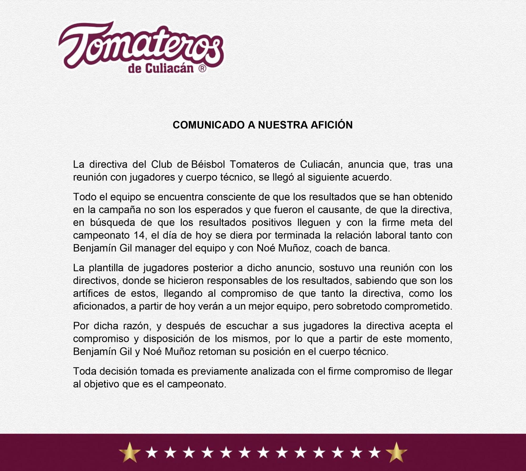 $!¡Dan marcha atrás! Benjamín Gil permanecerá como mánager de Tomateros de Culiacán