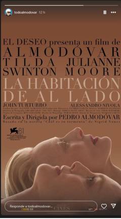 Revelan póster de ‘La habitación de al lado’, nueva cinta de Pedro Almodóvar