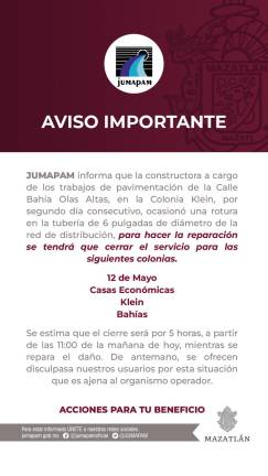 Durante 5 horas este martes se quedarán sin suministro de agua potable en las colonias 12 de mayo, Casas Económicas, Klein y Bahías.