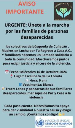 El próximo miércoles se llevará a cabo una marcha en Culiacán para visibilizar la problématica de las personas desaparecidas en Sinaloa.