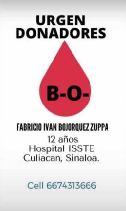 Solicitan donadores de sangre para el niño Fabricio Iván en Culiacán