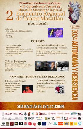 El Encuentro Regional de Teatro Mazatlán se inaugurará el 9 de octubre a las 17:00 horas.