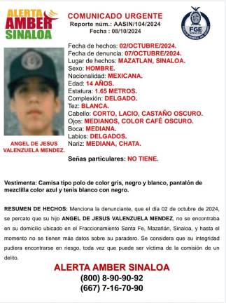 Alerta Ámber por la desaparición de Ángel de Jesús Valenzuela Méndez.