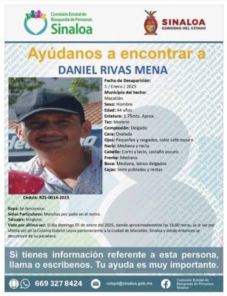 Buscan a Daniel Rivas, quien desapareció el 5 de enero en la Colonia Gabriel Leyva, en Mazatlán