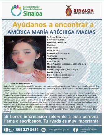 América María Aréchiga Macías, de solo 18 años de edad, desapareció el pasado martes 8 de octubre en Mazatlán.