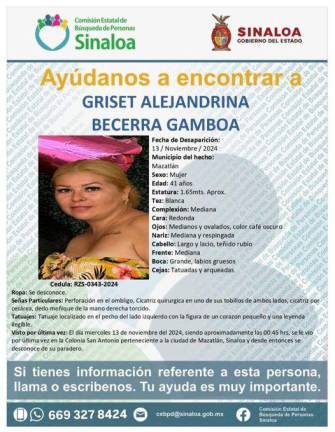 Griset Alejandrina Becerra Gamboa, de 41 años de edad, está desaparecida en Mazatlán.