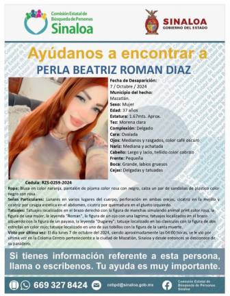 Piden ayuda para localizar a Perla Beatriz Román Díaz, desaparecida en el Centro de Mazatlán.