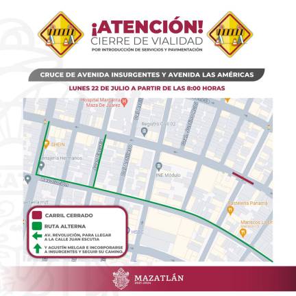 A partir del lunes y por 10 días estará cerrado el crucero de las avenidas Américas e Insurgentes, en la Colonia Juárez,
