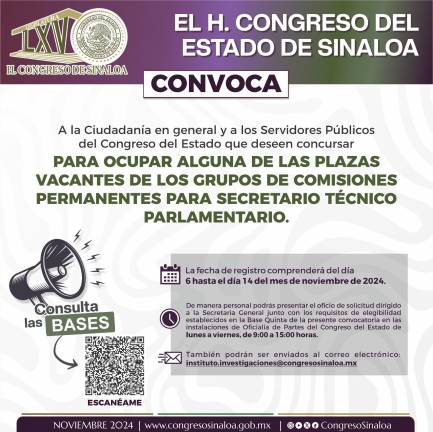 Los interesados en los puestos de secretarias y secretarios técnicos parlamentarios tienen hasta el 14 de noviembre para presentar su solicitud.