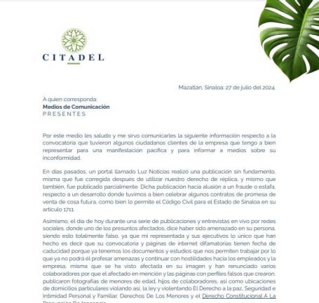 Grupo Universal Inmobiliario lanzó un comunicado en donde informó que la empresa no tiene denuncias o sentencias relacionadas con este delito.