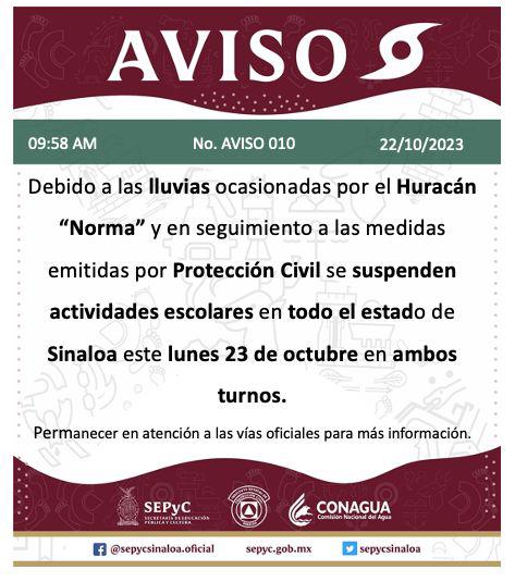 $!Suspenderán clases por ‘Norma’ este lunes en Sinaloa