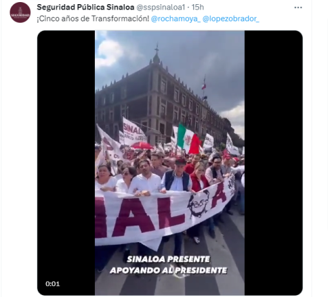 A través de diversas publicaciones, la cuenta de Twitter de la Secretaría de Seguridad Pública de Sinaloa promovió la figura de Andrés Manuel López Obrador y el evento que el Presidente encabezó el sábado en la CDMX.