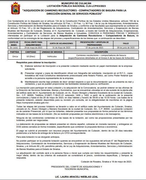 $!Gobierno de Culiacán lanza convocatoria para comprar otros 10 camiones recolectores