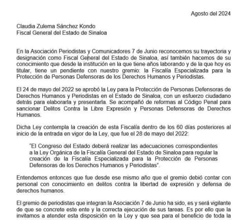 La Asociación 7 de Junio señala que la creación de una Fiscalía especializada en atención a periodistas y activistas tiene un retraso de dos años.