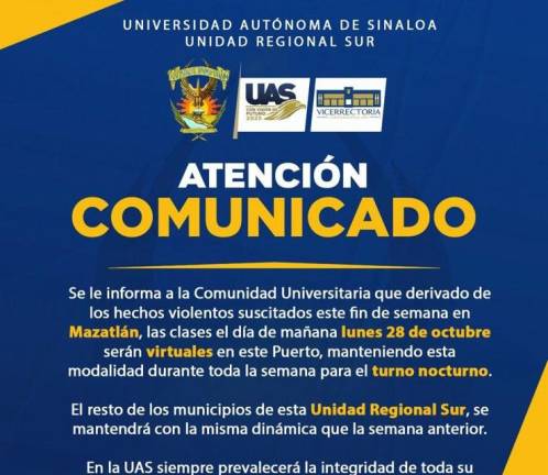 Por violencia, las clases serán virtuales este lunes en Mazatlán, informa la UAS